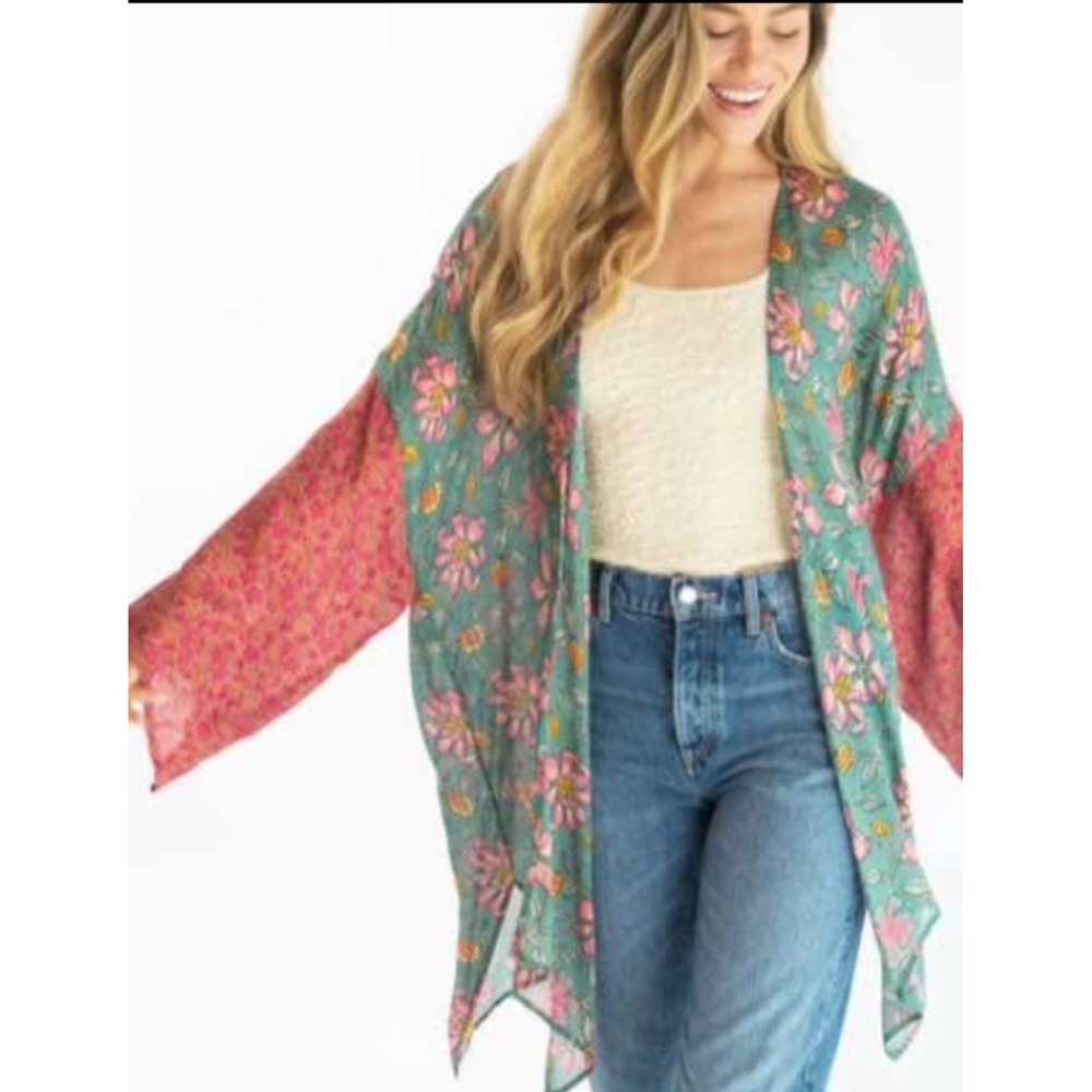 Natural Life Floral Kimono Wrap Teal Pink Mixed Print Boho Cardigan L/XL